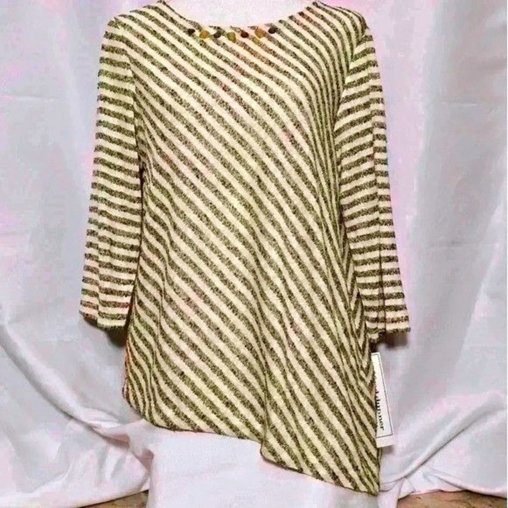 Alfred Dunner Petite Womens Knit  Asymmetric Top Cream Green Gold Size PM